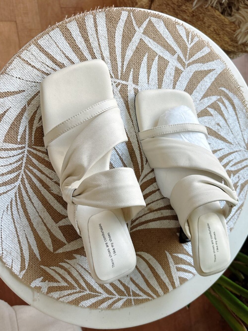 Cream Square Toe Twisted Strap Heeled Sandals – US 7.5
